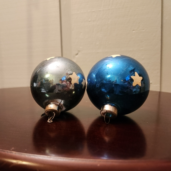 Vintage Glass Ornaments, Blue Hand Painted White Stars, Set of 2, Mercury Glass - Picture 1 of 10